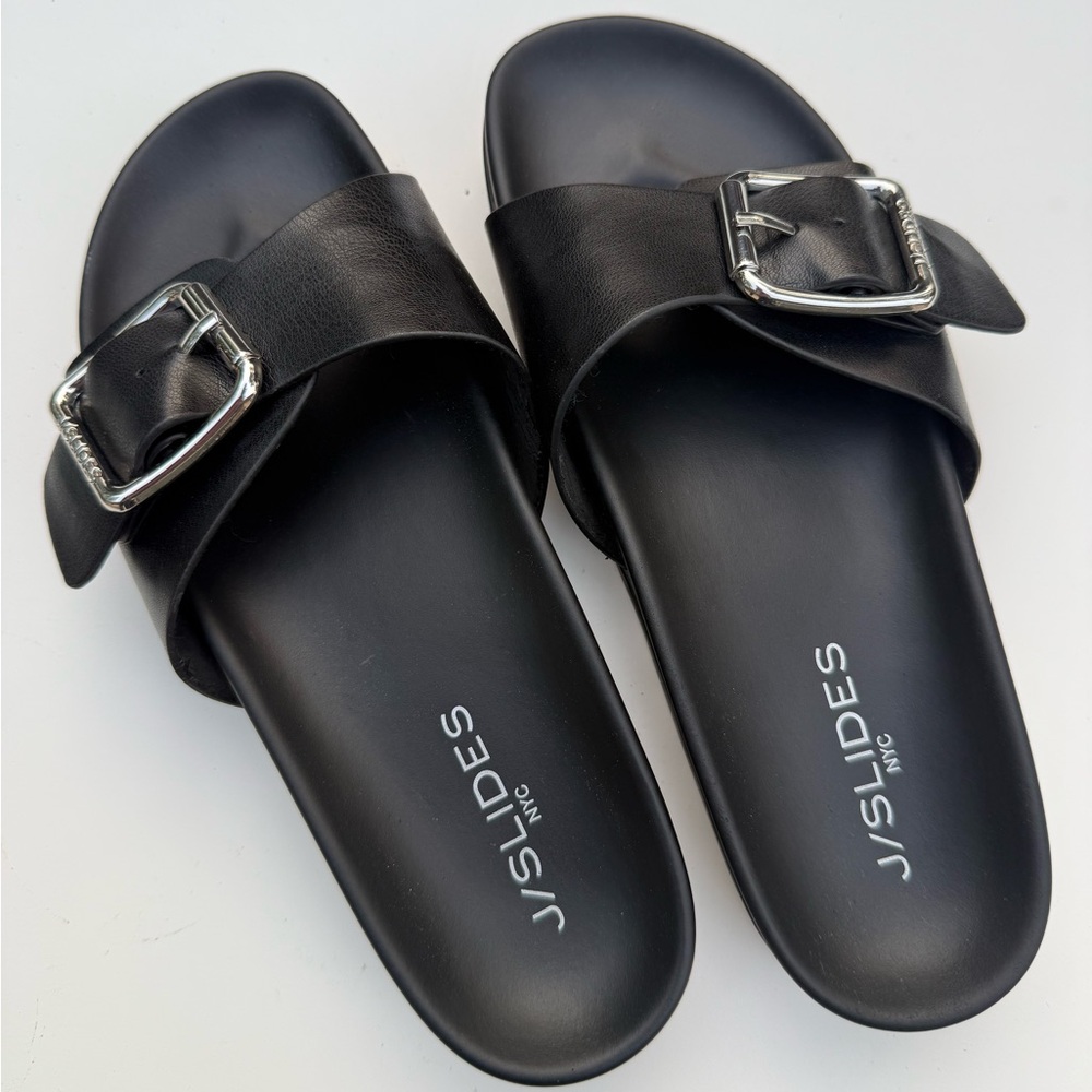 J/Slides NYC Black Leather Slides, White Platform, 2 Adjustable Buckles, 7.5
